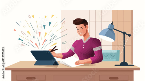 Young man artist working on a digital tablet at a desk with a lamp and papers creating art and ideas