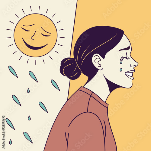 Bipolar disorder concept. Woman with happy and sad emotions. Metaphor for mental health, mood swings, dual personality. Psychology illustration of a split mind, depression and joy.