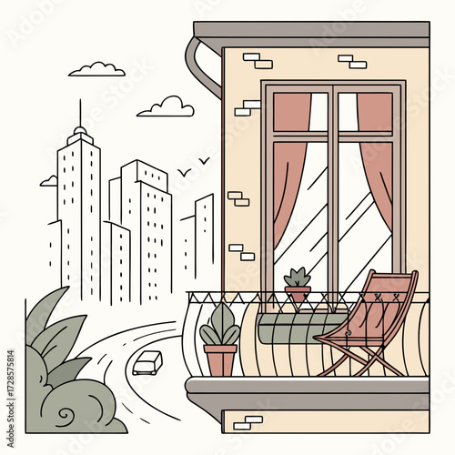 house balcony with chair and window to cityscape scene vector illustration design