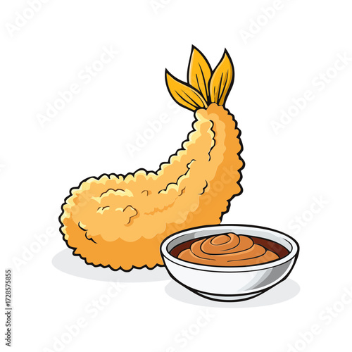 A crispy tempura shrimp icon with dipping sauce, drawn in a clean cartoon style with bold black lines to represent Japanese cuisine