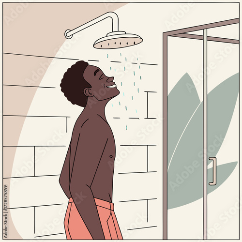 African man taking shower in the bathroom