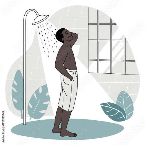 African man taking shower in the bathroom