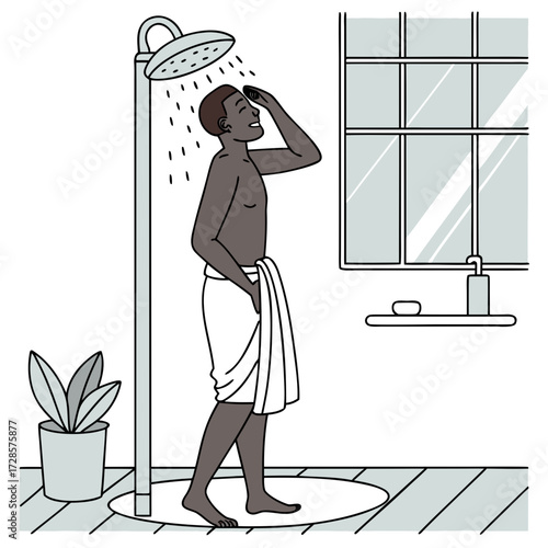 African man taking shower in the bathroom