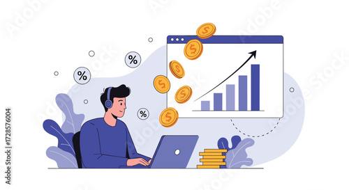 A person wearing headphones works on a laptop with coins floating around and a bar chart showing growth on a screen.
