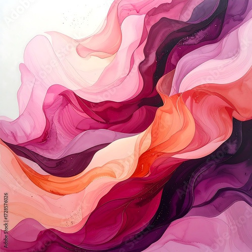 Abstract fluid painting in soft pinks, reds, and purples