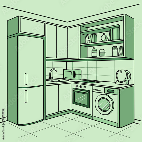 Kitchen interior illustration in green. Modern design. Cabinets and shelves, refrigerator, stove and washing machine. The space is equipped with everything necessary for cooking - toaster, microwave