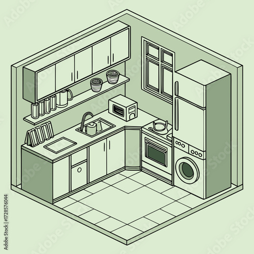 Kitchen interior illustration in green. Modern design. Cabinets and shelves, refrigerator, stove and washing machine. The space is equipped with everything necessary for cooking - toaster, microwave