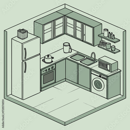 Kitchen interior illustration in green. Modern design. Cabinets and shelves, refrigerator, stove and washing machine. The space is equipped with everything necessary for cooking - toaster, microwave