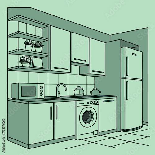 Kitchen interior illustration in green. Modern design. Cabinets and shelves, refrigerator, stove and washing machine. The space is equipped with everything necessary for cooking - toaster, microwave