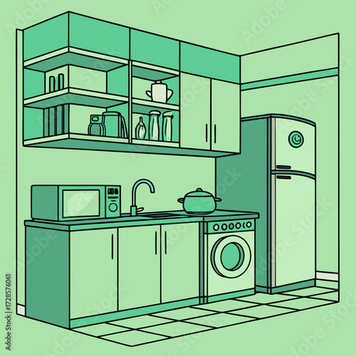 Kitchen interior illustration in green. Modern design. Cabinets and shelves, refrigerator, stove and washing machine. The space is equipped with everything necessary for cooking - toaster, microwave