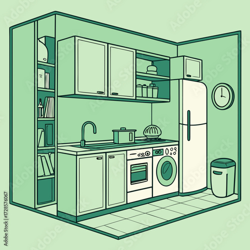 Kitchen interior illustration in green. Modern design. Cabinets and shelves, refrigerator, stove and washing machine. The space is equipped with everything necessary for cooking - toaster, microwave