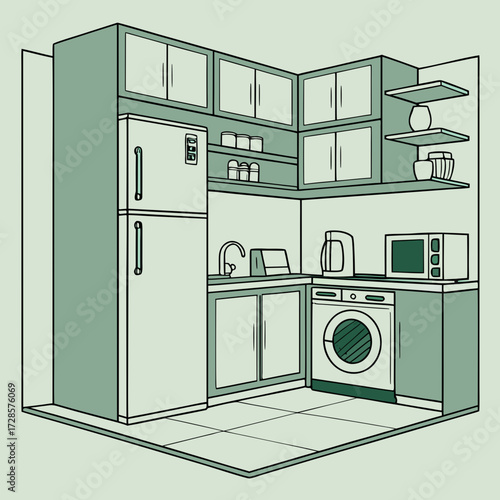 Kitchen interior illustration in green. Modern design. Cabinets and shelves, refrigerator, stove and washing machine. The space is equipped with everything necessary for cooking - toaster, microwave