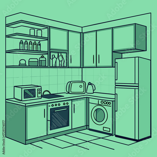 Kitchen interior illustration in green. Modern design. Cabinets and shelves, refrigerator, stove and washing machine. The space is equipped with everything necessary for cooking - toaster, microwave