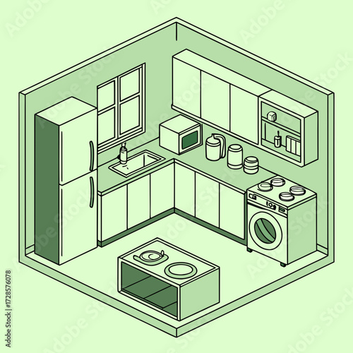 Kitchen interior illustration in green. Modern design. Cabinets and shelves, refrigerator, stove and washing machine. The space is equipped with everything necessary for cooking - toaster, microwave
