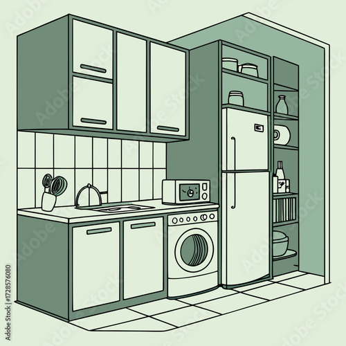 Kitchen interior illustration in green. Modern design. Cabinets and shelves, refrigerator, stove and washing machine. The space is equipped with everything necessary for cooking - toaster, microwave