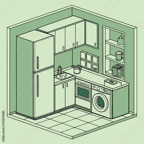 Kitchen interior illustration in green. Modern design. Cabinets and shelves, refrigerator, stove and washing machine. The space is equipped with everything necessary for cooking - toaster, microwave