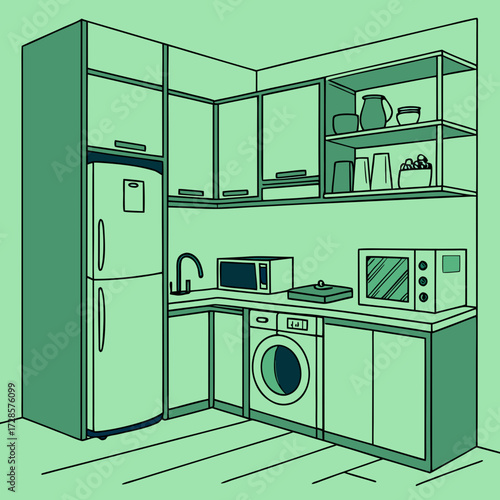 Kitchen interior illustration in green. Modern design. Cabinets and shelves, refrigerator, stove and washing machine. The space is equipped with everything necessary for cooking - toaster, microwave