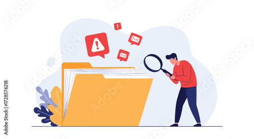 Man examining a large folder with magnifying glass alerts and notifications.