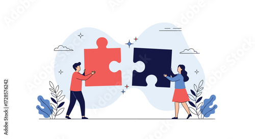 Two people connecting puzzle pieces representing teamwork.
