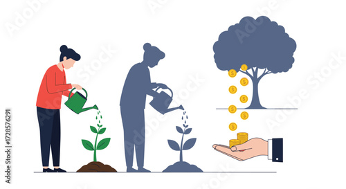 Growing money in a tree with coins falling.