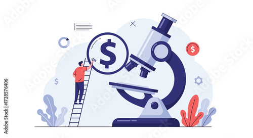 Analyzing financial opportunities with a microscope and magnifying glass.