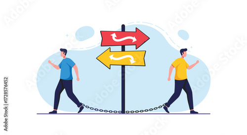 Two people walking in opposite directions tied by a chain.