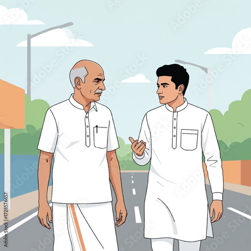 Two Indian men, one older and one younger, walk and converse on a road, both dressed in traditional white attire.