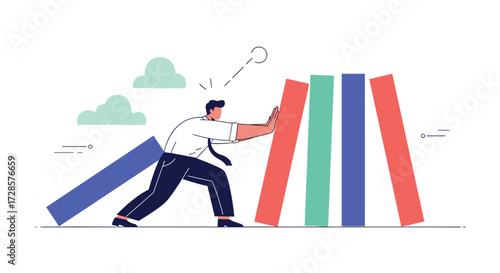 A businessman stopping a row of falling blocks. .