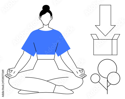 Woman seated in a lotus pose meditating, surrounded by a box with a downward arrow and simplistic tree shapes. Ideal for mindfulness, relaxation, meditation, focus, minimalism, packaging
