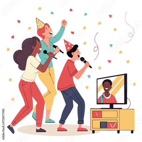 Fun group of cheerful friends singing songs into microphone at party. Happy people dancing together. Joyful singers at TV. Birthday celebration. Festive entertainment. Vector concept