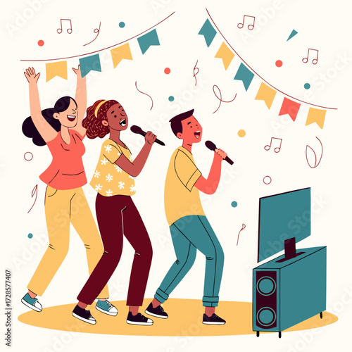 Fun group of cheerful friends singing songs into microphone at party. Happy people dancing together. Joyful singers at TV. Birthday celebration. Festive entertainment. Vector concept
