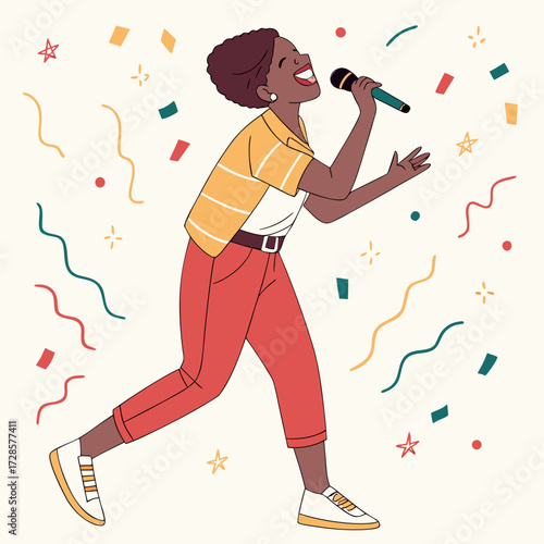 Fun group of cheerful friends singing songs into microphone at party. Happy people dancing together. Joyful singers at TV. Birthday celebration. Festive entertainment. Vector concept