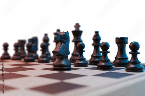 Black Chess Knight Leading on Wooden Chessboard