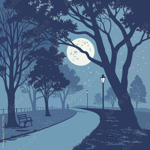 Serene nighttime park path under a full moon