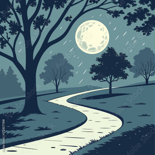 Serene nighttime park path under a full moon