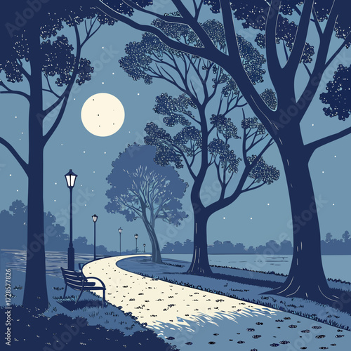 Serene nighttime park path under a full moon