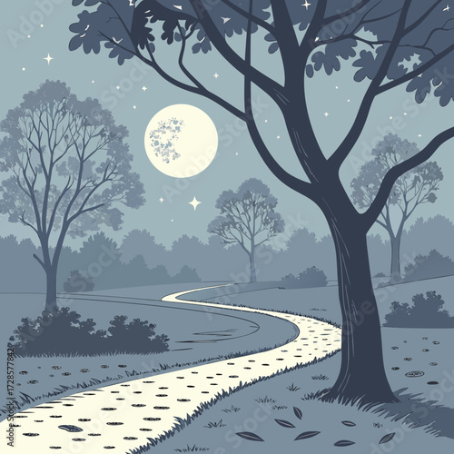 Serene nighttime park path under a full moon