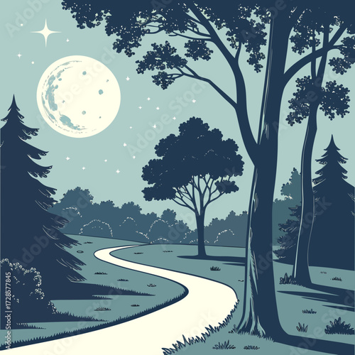 Serene nighttime park path under a full moon