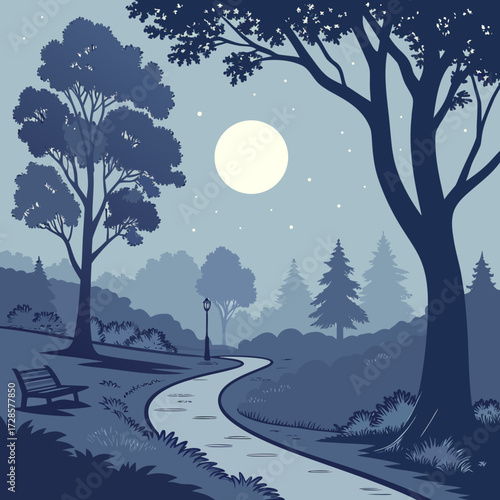 Serene nighttime park path under a full moon