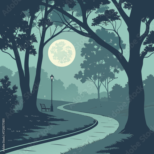 Serene nighttime park path under a full moon