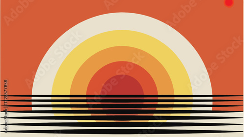 Abstract mid century modern rainbow sunset over stylized water with bold lines and warm earth tones