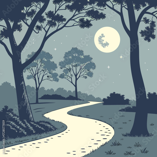 Serene nighttime park path under a full moon