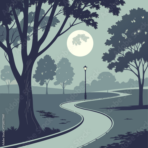 Serene nighttime park path under a full moon