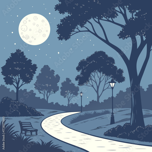 Serene nighttime park path under a full moon