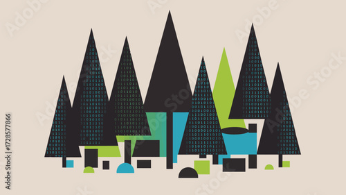 Stylized mid century modern forest landscape with geometric trees and abstract buildings in shades of teal and black