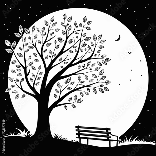 Minimilist illustration of a park bench under a tree with a full moon in a black and white drawing style scene vector
