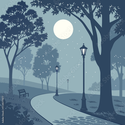 Serene nighttime park path under a full moon