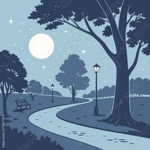 Serene nighttime park path under a full moon