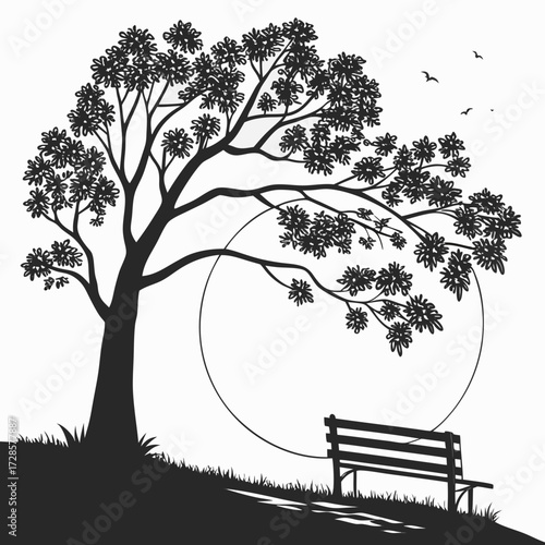Minimilist illustration of a park bench under a tree with a full moon in a black and white drawing style scene vector