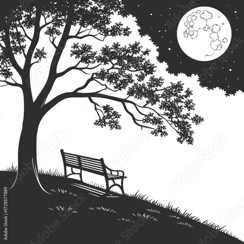 Minimilist illustration of a park bench under a tree with a full moon in a black and white drawing style scene vector